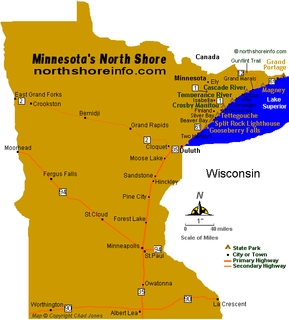 North Shore Map, Minnesota, Lake Superior, Resorts, State Parks